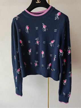 Authentic CHANEL Navy Blue Crewneck Sweater with Pink Floral Motif